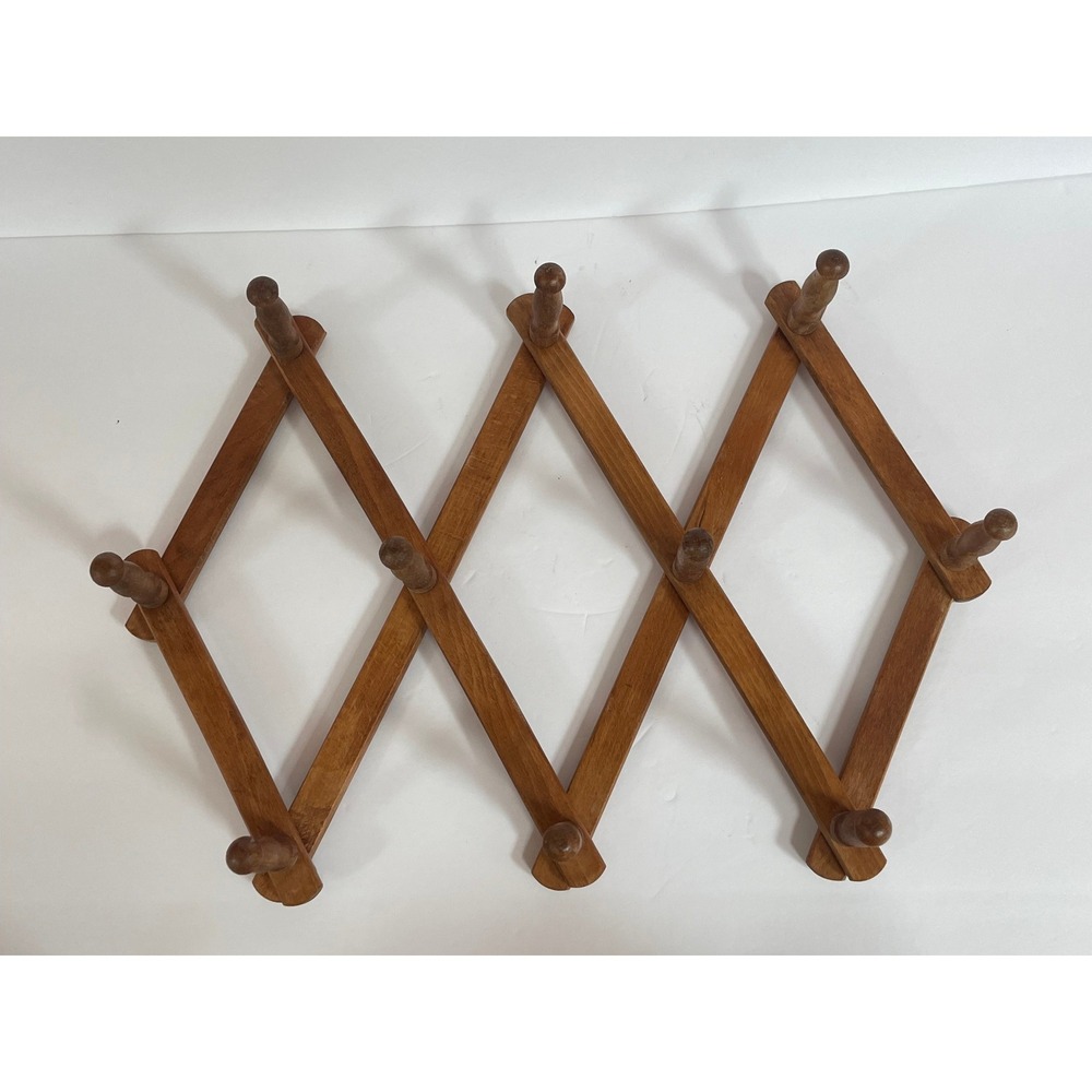 Vintage Wood Accordion Wall Rack Expandable 10 Peg Hat Coat Mug Hanger Brown
